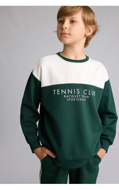 DeFacto Regular Pamuklu Fıt Bisiklet Yaka Baskılı Yeşil Sweatshirt Erkek Çocuk
