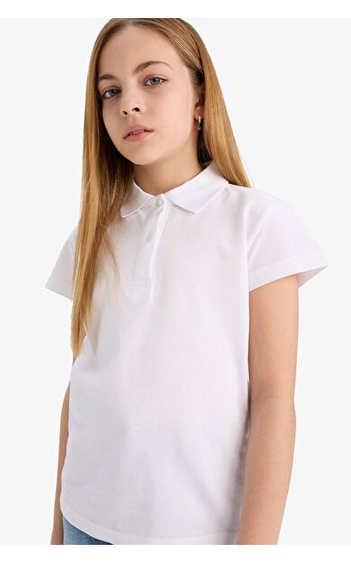 DeFacto Kız Çocuk Regular Fit Polo Yaka Basic Düz Pamuklu Kısa Kollu Polo Tişört