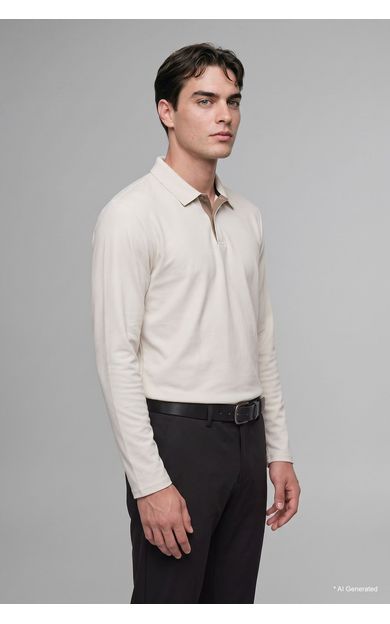 DeFacto Regular Fit Polo Yaka Uzun Kollu Basic Sweatshirt Ekru