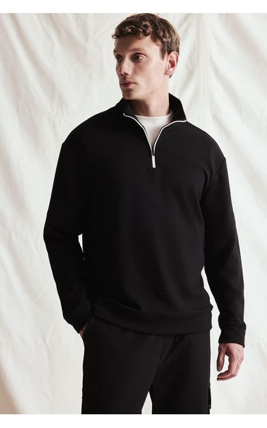 DeFacto Standart Fit Dik Yaka Yarım Fermuarlı Basic Sweatshirt Siyah