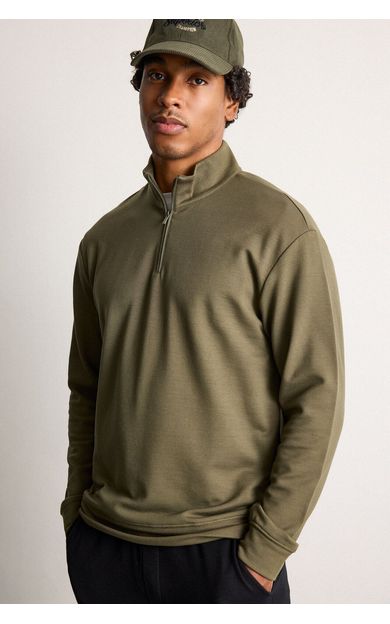DeFacto Standart Fit Dik Yaka Yarım Fermuarlı Basic Sweatshirt Haki