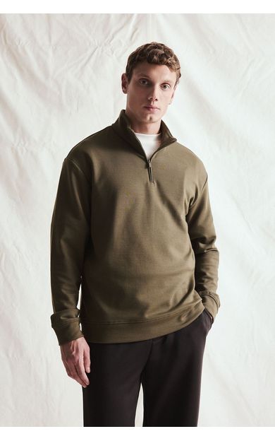DeFacto Standart Fit Dik Yaka Yarım Fermuarlı Basic Sweatshirt Haki