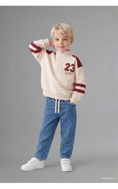 DeFacto Dik Yaka Fermuarlı Baskılı Sweatshirt Üst Jean Pantolon 2'li Takım Erkek Bebek