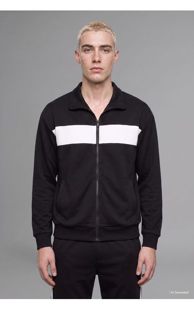 DeFacto Boxy Fit Polo Yaka Fermuarlı Şeritli Sweatshirt Hırka Siyah