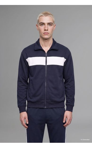DeFacto Boxy Fit Polo Yaka Fermuarlı Şeritli Sweatshirt Hırka Lacivert
