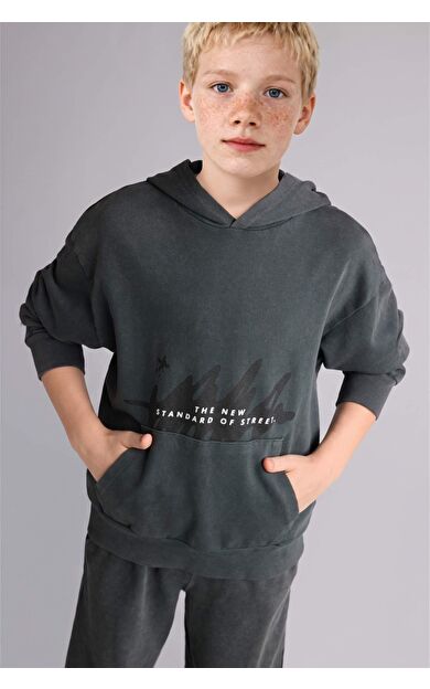 DeFacto Oversıze Kapüşonlu Kanguru Cepli Gri Sweatshirt Erkek Çocuk