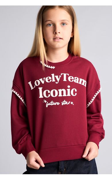 DeFacto Relax Fıt Bisiklet Yaka Baskılı Sweatshirt Kız Çocuk Bordo