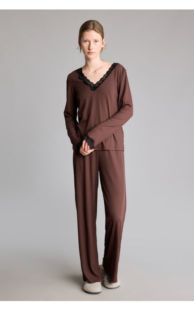 DeFacto Regular Fit Dantel Detaylı V Yaka Uzun Kollu 2'li Ribana Pijama Takımı