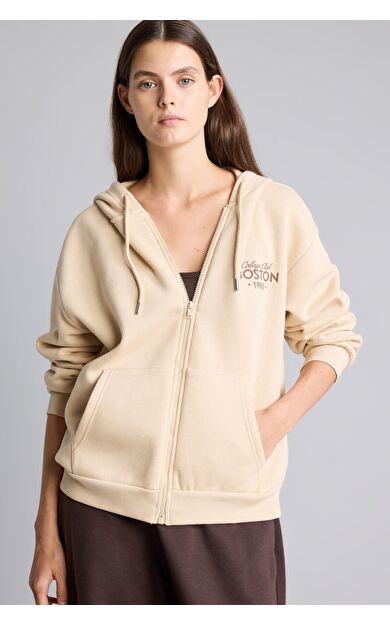 DeFacto Oversize Kapüşonlu Fermuarlı Baskılı Sweatshirt Hırka