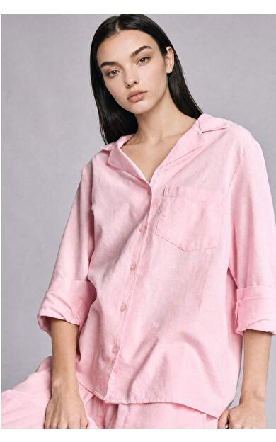 DeFacto Oversıze Pijama Yaka Keten Karışımlı Uzun Kollu Pembe Gömlek