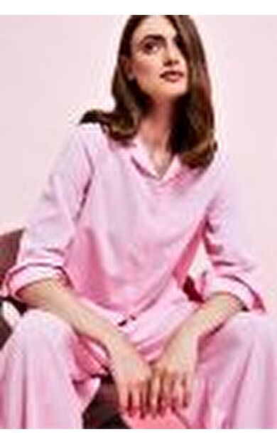DeFacto Oversıze Pijama Yaka Keten Karışımlı Uzun Kollu Pembe Gömlek