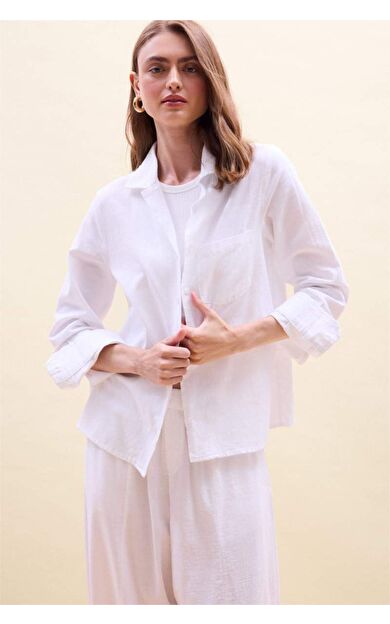 DeFacto Oversıze Pijama Yaka Keten Karışımlı Uzun Kollu Gömlek