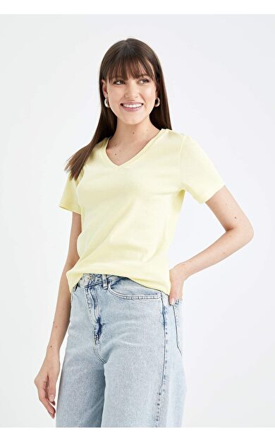 DeFacto Slim Fit V Yaka Kısa Kollu Tişört Sarı
