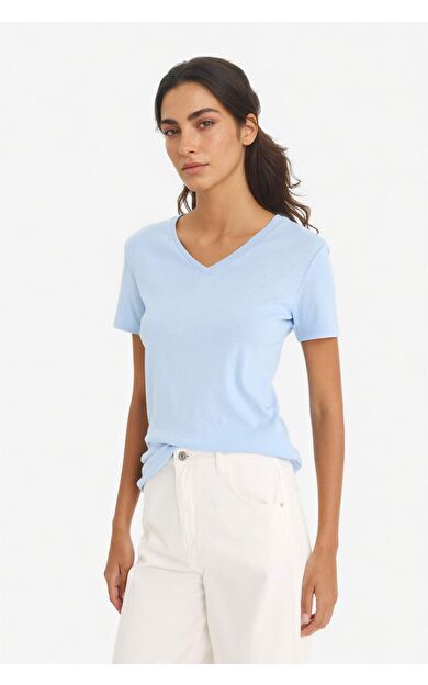DeFacto Slim Fit Dar Kesim V Yaka Basic Düz Ribana Kısa Kollu Tişört I1080AZ25AUBE196