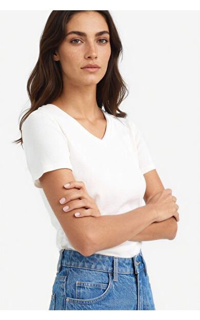 DeFacto Slim Fit Dar Kesim V Yaka Basic Düz Ribana Kısa Kollu Tişört I1080AZ25AUER105