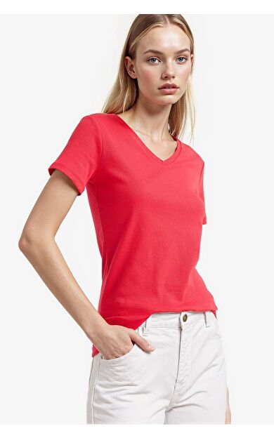 DeFacto Slim Fit Dar Kesim V Yaka Basic Düz Ribana Kısa Kollu Tişört I1080AZ25AURD286