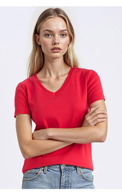 DeFacto Slim Fit Dar Kesim V Yaka Basic Düz Ribana Kısa Kollu Tişört I1080AZ25SPRD286