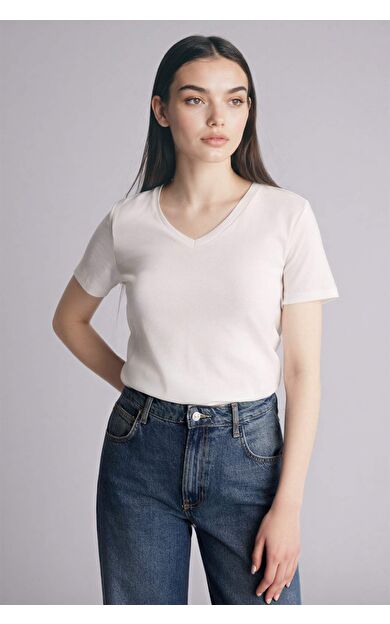 Slım Fıt V Yaka Basıc Düz Ribana Kısa Kollu Tişört