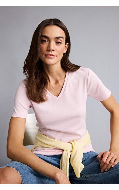 DeFacto Slım Fıt V Yaka Basıc Düz Ribana Kısa Kollu Tişört