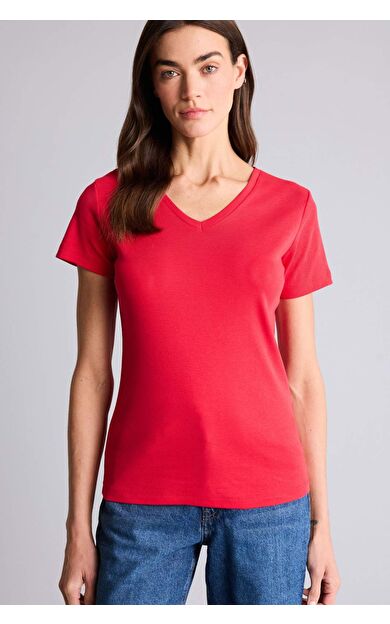 Slım Fıt V Yaka Basıc Düz Ribana Kısa Kollu Tişört