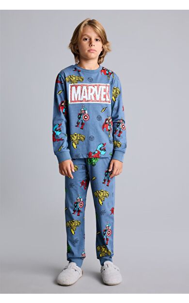 DeFacto %100 Pamuk Marvel Comics Baskılı Uzun Kollu Üst Lastikli Paça Alt Pijama Takımı Erkek Çocuk