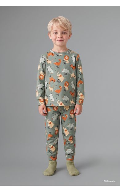 DeFacto Baskılı Uzun Kollu Üst Lastikli Paça Alt 2'li Pijama Takımı Erkek Bebek