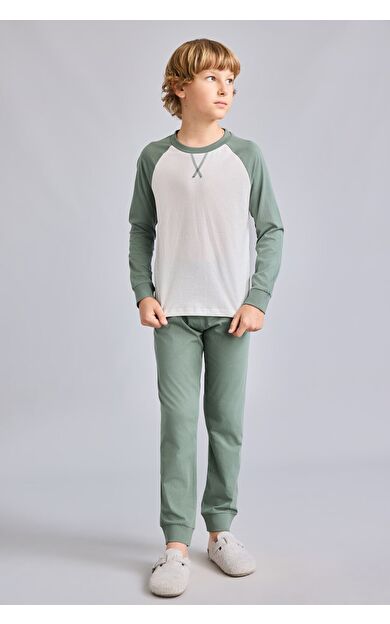 DeFacto Bisiklet Yaka Reglan Uzun Kollu Üst Lastik Paça Alt 2'li Pijama Takımı Erkek Çocuk