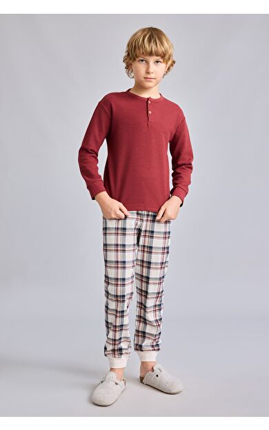 DeFacto Regular Fit Henley Yaka Waffle ve Ekose 2'li Pijama Takımı Erkek Çocuk