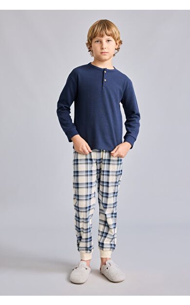 DeFacto Regular Fit Henley Yaka Waffle Kareli 2'li Pijama Takımı Erkek Çocuk