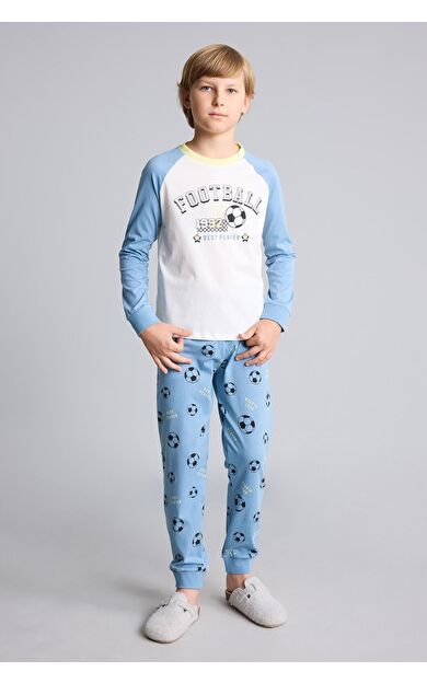 DeFacto %100 Pamuk Regular Fit Futbol Baskılı Reglan Kollu Üst Lastikli Paça Alt 2'li Pijama Takımı Erkek Çocuk