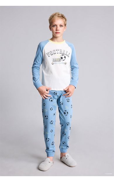 DeFacto %100 Pamuk Regular Fit Futbol Baskılı Reglan Kollu Üst Lastikli Paça Alt 2'li Pijama Takımı Erkek Çocuk