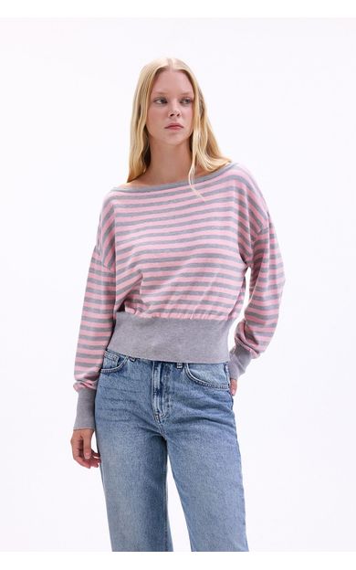 DeFacto Regular Fit Kayık Yaka Çizgili Triko Crop Kazak