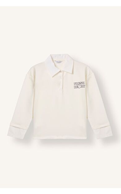 DeFacto Regular Fıt Polo Yaka Slogan Baskılı Sweatshirt Kumaşı Uzun Kollu Polo Tişört Kız Çocuk