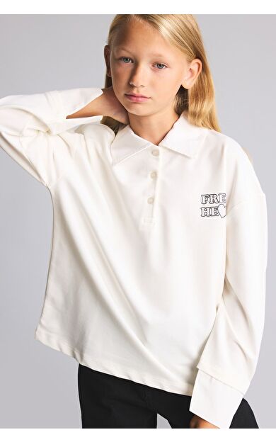 DeFacto Regular Fıt Polo Yaka Slogan Baskılı Sweatshirt Kumaşı Uzun Kollu Polo Tişört Kız Çocuk