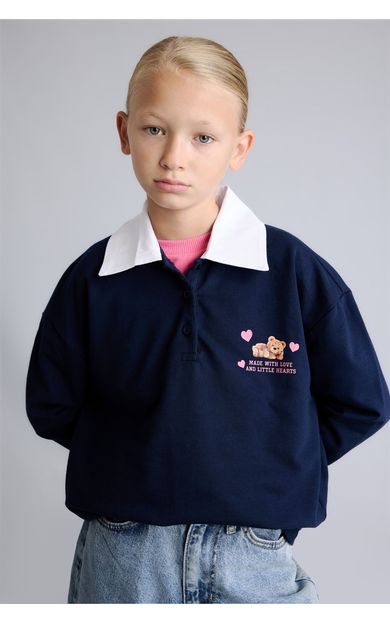 DeFacto Regular Fıt Polo Yaka Slogan Baskılı Sweatshirt Kumaşı Uzun Kollu Polo Tişört Kız Çocuk Lacivert