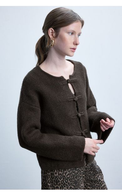 DeFacto Regular Fit Bisiklet Yaka Fiyonk Detaylı Basic Hırka Kahve
