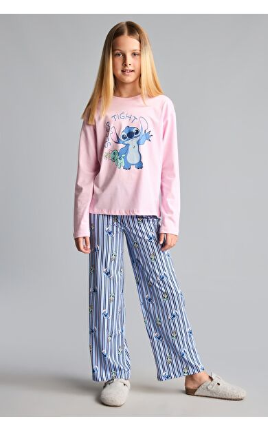 DeFacto %100 Pamuk Dısney Lılo & Stıtch Lisanslı Uzun Kolu Pijama Üstü Esnek Belli Uzun Pijama Altı 2'li Pijama Takımı Kız Çocuk