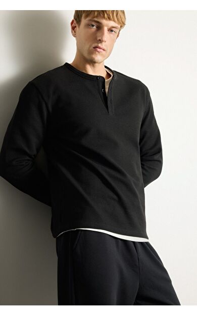 DeFacto Regular Fit Waffle Dokulu Henley Yaka Uzun Kollu Basic Tişört