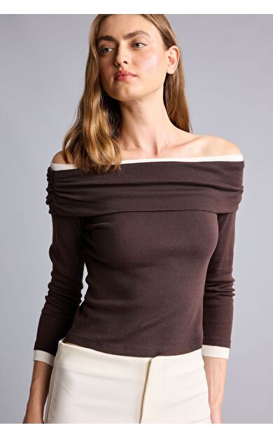 DeFacto Slim Fit Omzu Açık Katlamalı Ribana Uzun Kollu Basic Tişört