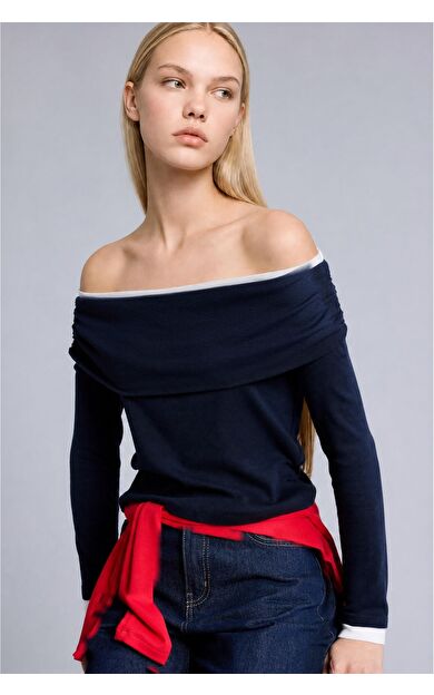 DeFacto Slim Fit Omzu Açık Katlamalı Ribana Uzun Kollu Basic Tişört