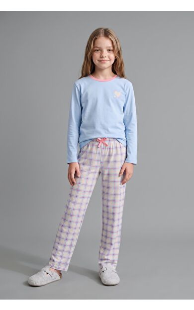 DeFacto Uzun Kollu Kalp Baskılı Kareli Alt 2'li Pijama Takımı Kız Çocuk