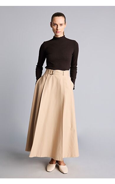 DeFacto Kemer Detaylı Pileli Regular Fit Twill Maxi Etek