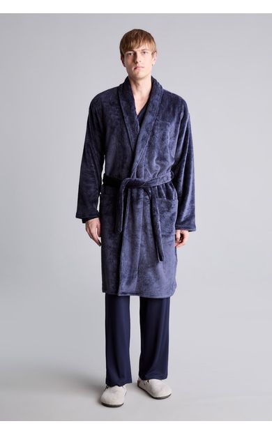 DeFacto Regular Fit Peluş Dokulu Şal Yaka Kuşaklı Bornoz