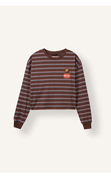 DeFacto %100 Pamuk Loose Fıt Bisiklet Yaka Baskılı Çizgili Sweatshirt