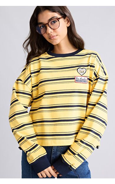 DeFacto Loose Fıt Bisiklet Yaka Baskılı Çizgili Sweatshirt
