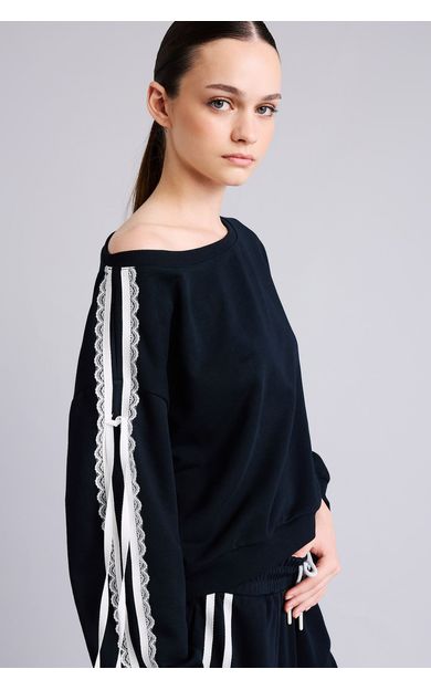 DeFacto Loose Fit Kayık Yaka Dantel Şeritli Basic Sweatshirt