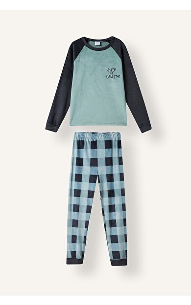 DeFacto Baskılı Uzun Kollu Üst Ekose Desenli Pelüş Alt 2'li Pijama Takımı Erkek Çocuk