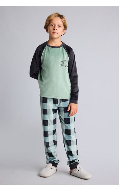 DeFacto Baskılı Uzun Kollu Üst Ekose Desenli Pelüş Alt 2'li Pijama Takımı Erkek Çocuk