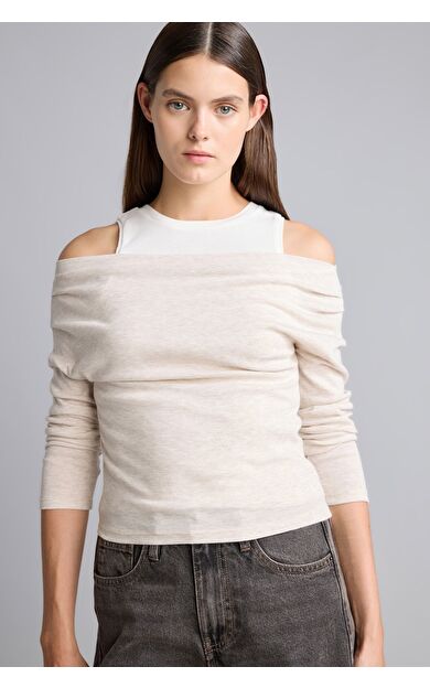 DeFacto %100 Pamuk Slim Fit Tek Omuzlu Drape Detaylı Ribana Uzun Kollu Basic Tişört