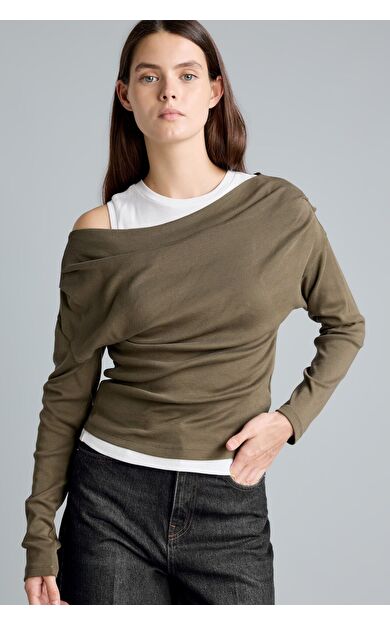 DeFacto %100 Pamuk Slim Fit Tek Omuzlu Drape Detaylı Ribana Uzun Kollu Basic Tişört Haki